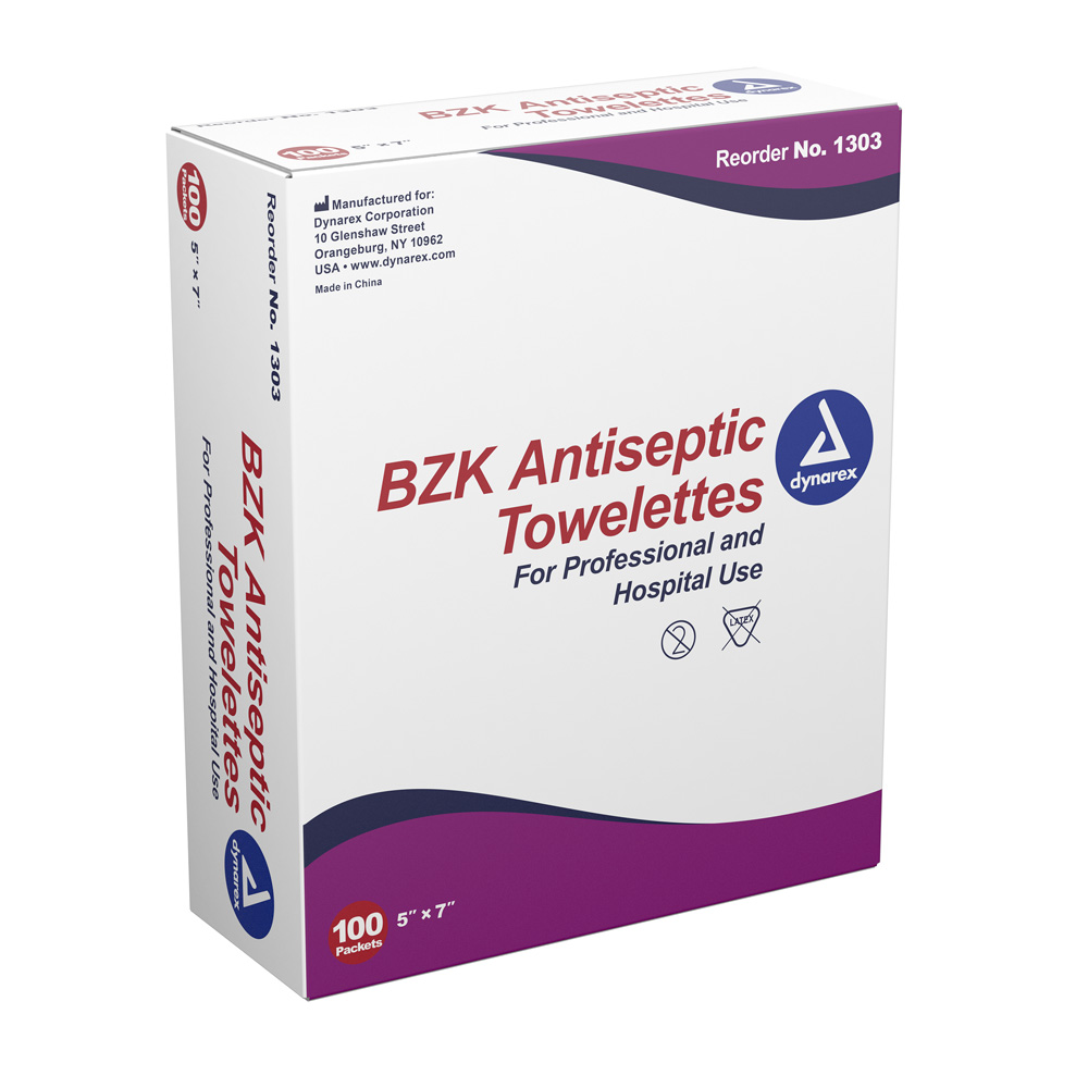 5 x 7 Dynarex BZK Antiseptic Towelettes - 100/Box