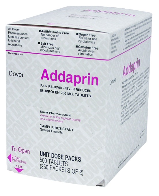 Addaprin (Ibuprofen): 250 packets of 2 (500 tablets) 200 mg