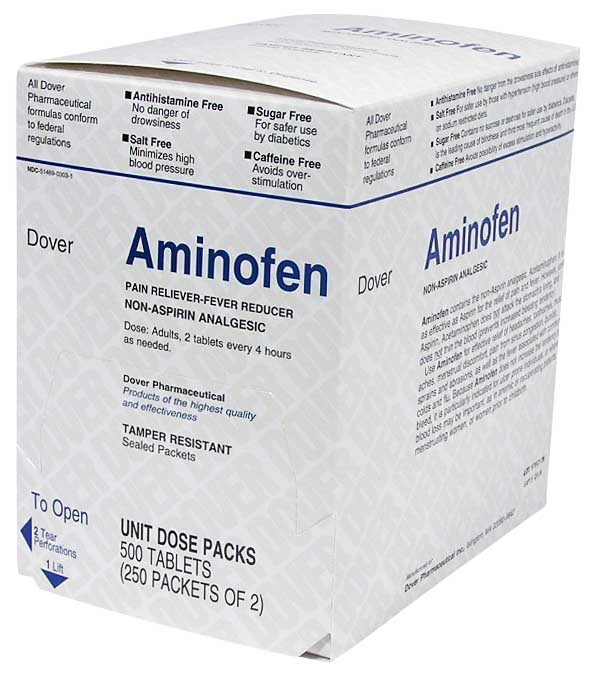 Aminofen (Acetaminophen): 250 packets of 2 tablets (500 tablets) 325 mg