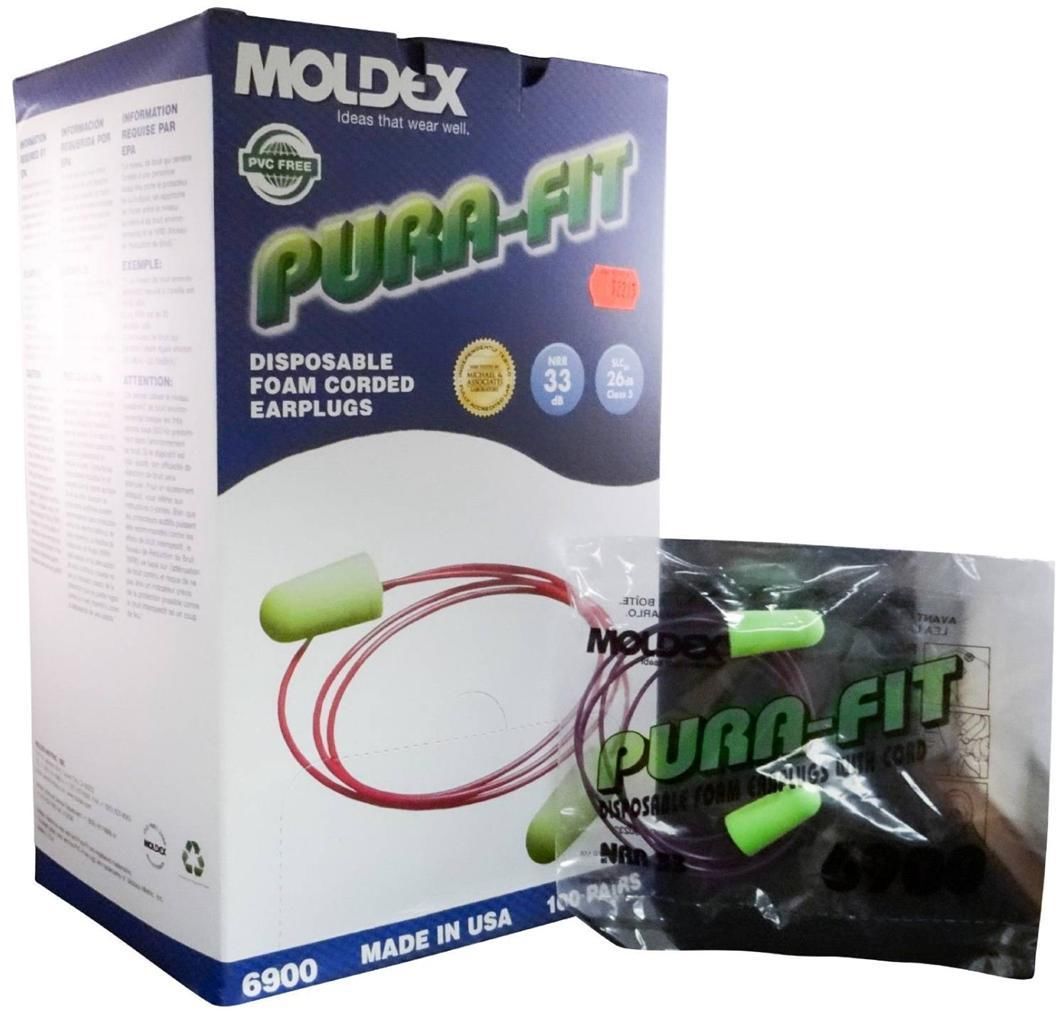 Moldex Pura-Fit Disposable Foam Corded Earplugs - NRR 33 - 100 Pairs/Box