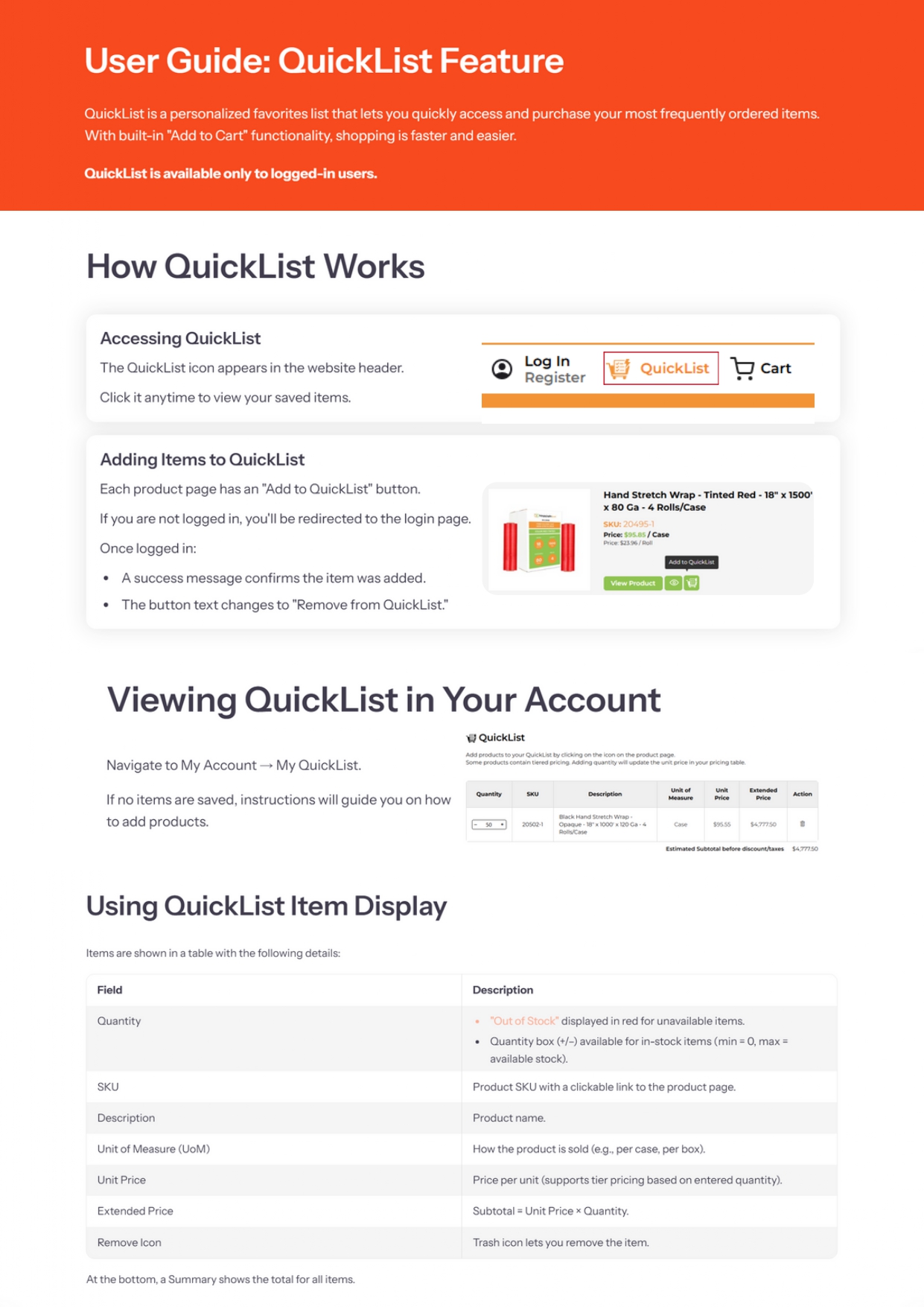 quicklist ordering ecommerce user guide